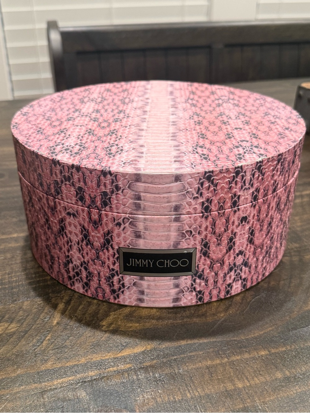 Jimmy Choo Pink Snake-Print Round Box w/ mirror